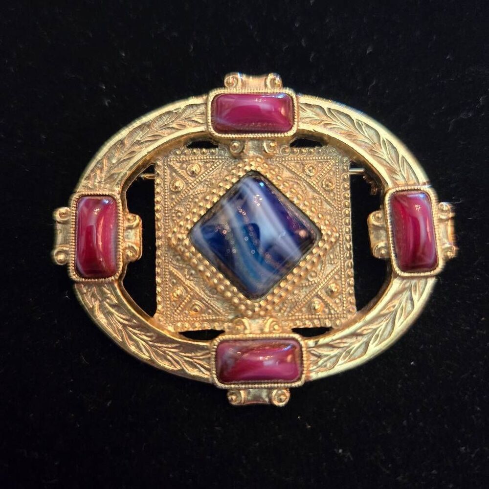 Vintage Gold Tone Oval Brooch Red & Blue Stones